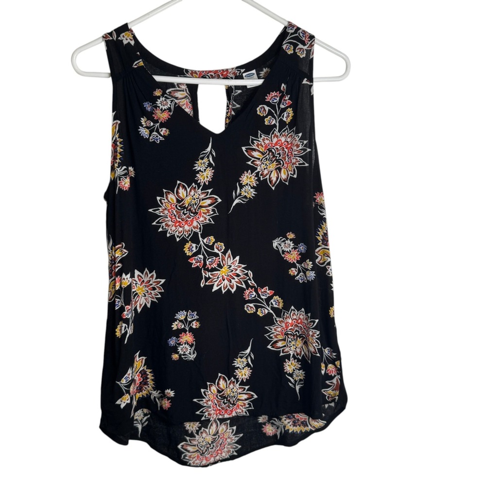 Old Navy Black Floral Sleeveless Tank Top Womens S Keyhole Back Relaxed V Neck